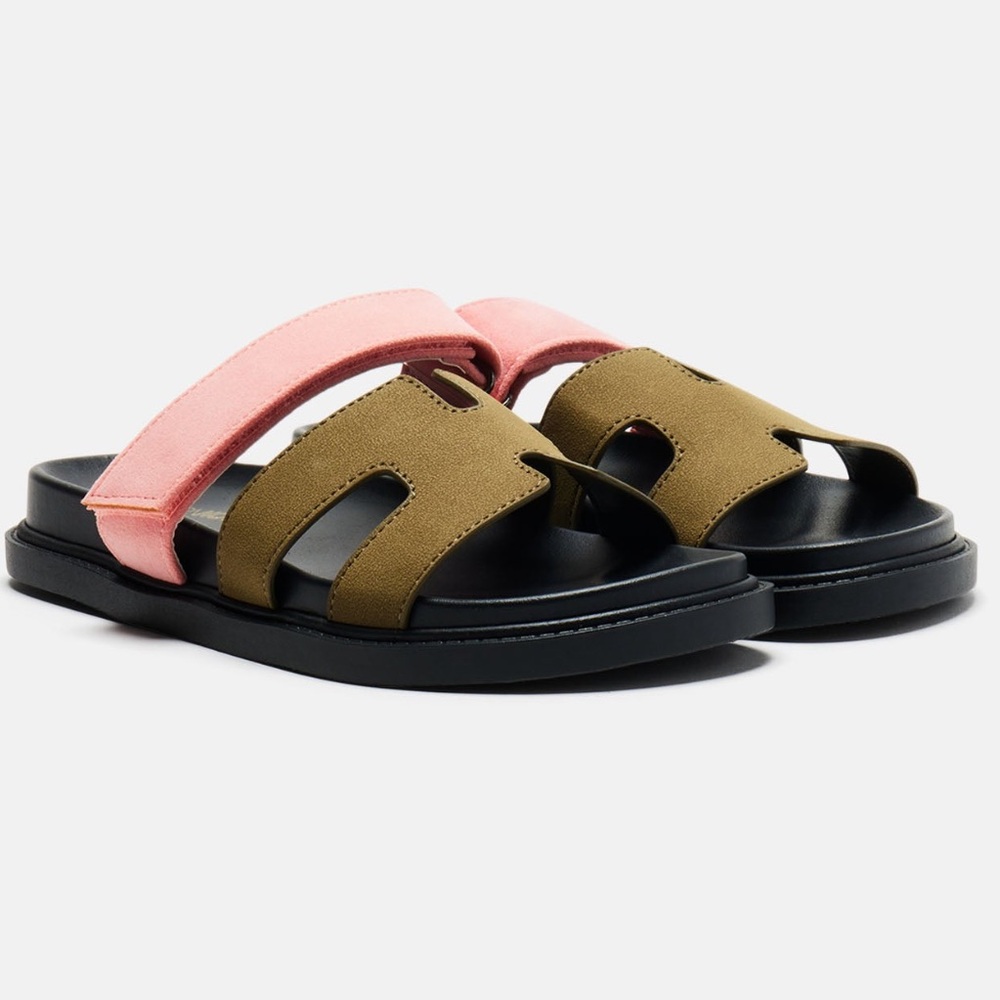 Khaki & Pink Flat Sandals